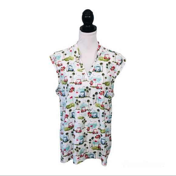 Coral Bay Golf Top Blouse XL Golf Carts Hibiscus Floral Palm Tree Sleeveless V - Picture 1 of 10